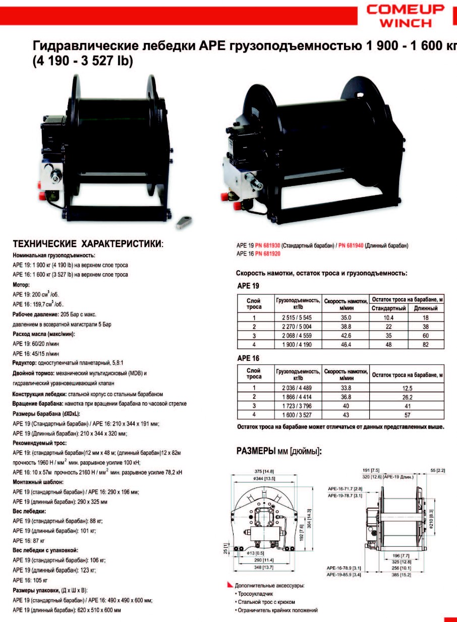 Грузоподъемные профессиональные лебедки Тех. описание APE 19, APE 16 - ООО  